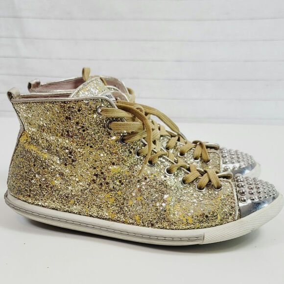 MIU MIU Gold Glitter High Tops w Silver Studded Cap Toe Sneakers, sz 38 EU/ 8 US - Picture 11 of 16